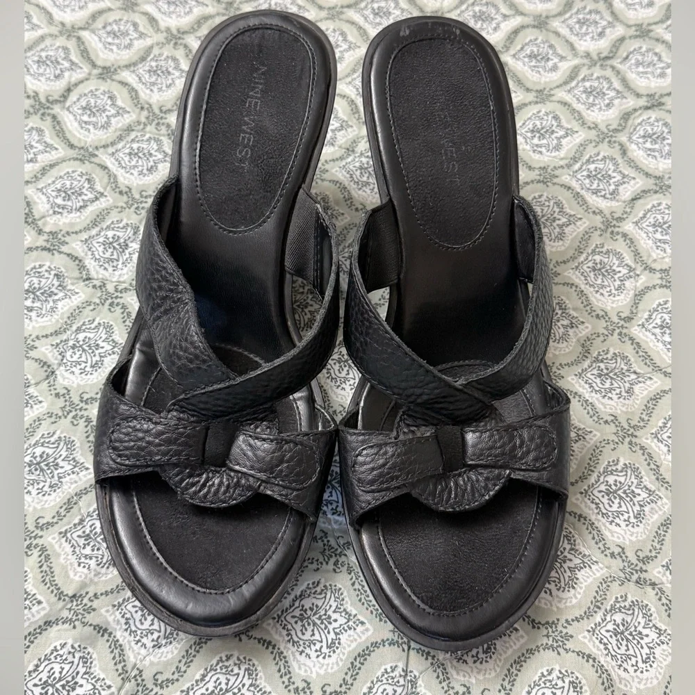 Nine West Women's Black Wedge Heels‎ Strappy Leather Women’s Size 7.5 Vintage